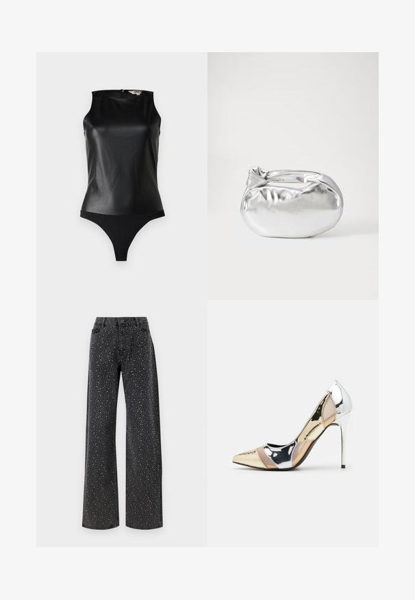 Črna brezrokavna bodi z gladkim umetnim usnjem na zgornjem delu in mat črnim dnom. Ima zadrgo na hrbtu za enostavno oblačenje.; Noisy May NMJANNEL LOOSE - Široke kavbojke - black denim; Čevlji z visoko peto in konico, v barvni kombinaciji srebrne, zlate in nude. Sijajna obdelava z izrezljanim dizajnom, z igličasto peto.; Srebrna kovinska torbica z mehko, zaobljeno obliko in zavezano zgornjo zaporo. Narejena iz gladkega umetnega usnja.; Srebrne uhane v obliki obroča z minimalističnim dizajnom. Krožna oblika, gladka tekstura in tanek profil. Lahki s poliranim zaključkom.