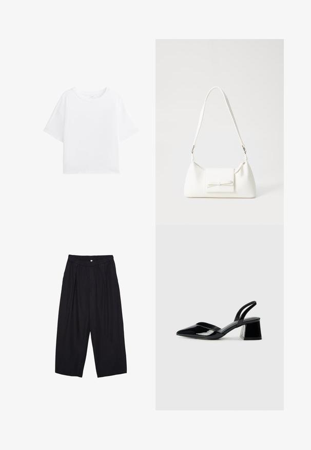 Bílá krátká tričko s krátkým rukávem a kulatým výstřihem, vyrobené z hladkého materiálu. Uvolněný střih a jednoduchý design bez vzorů či dalších detailů.; Černé polyesterové culotte kalhoty s elastickým pasem, dvěma předními sklady a volným siluetou. Žádné viditelné vzory ani kovové detaily.; Černé lakované kožené lodičky na pásku s špičatou špičkou a geometrickým blokovým podpatkem. Vyznačují se elegantním, minimalistickým designem a hladkým povrchem.; Bílá syntetická kabelka v trojúhelníkovém tvaru, s plochým předním klopným víkem a detailem mašle, nastavitelným popruhem, hladkým povrchem a minimalistickým designem.