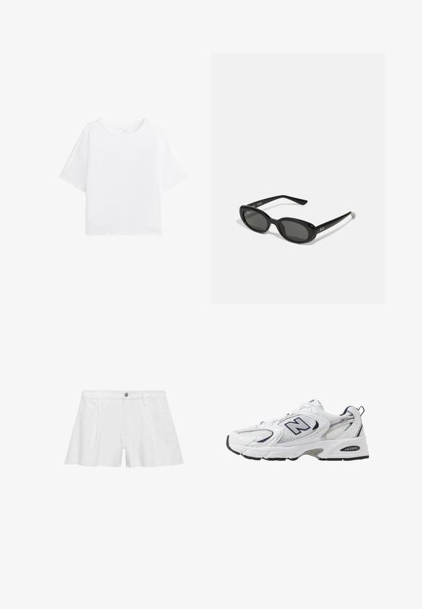 White short-sleeved t-shirt with a round neck, made of smooth fabric. Relaxed fit and simple design without patterns or additional details.; White cotton shorts with a relaxed fit, featuring front pockets, a button closure, and flat seams for a smooth finish.; White athletic shoe with mesh upper, navy accents, and cushioned sole. Features "N" logo, laces, and textured detail on side.; Black sunglasses with oval lenses, glossy plastic frame, and slender arms. Features Ray-Ban logo in white on the side.