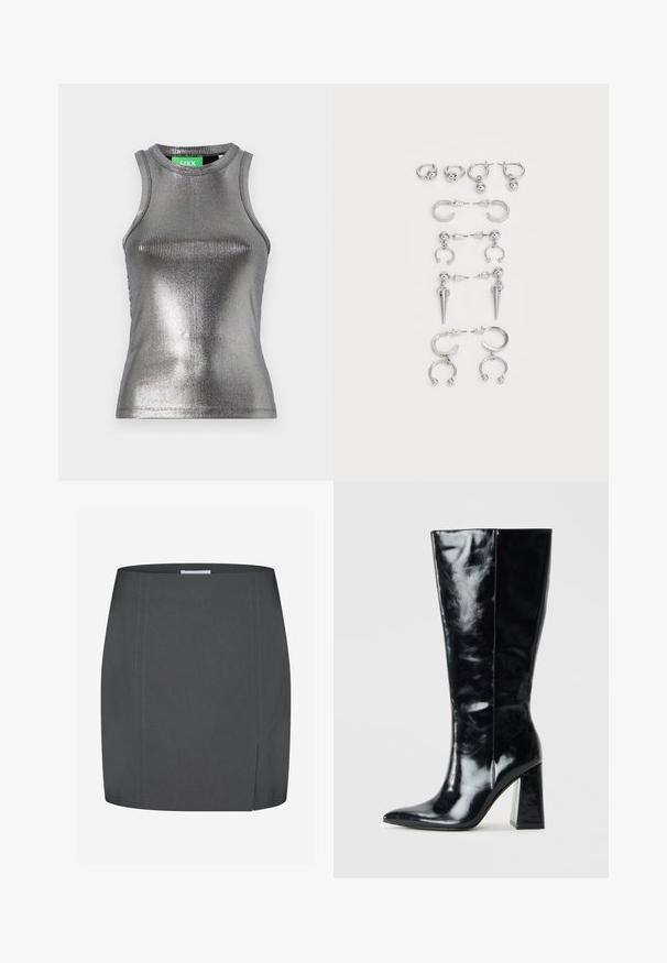 JJXX FOREST SHINE - Topper - silver; Envii SPLIT - Blyantskjørt - grey; Sorte knelang støvler laget av glatt skinn, med spiss tå og en tykk, geometrisk hæl med en jevn tekstur.; Sett med sølvringer som har forskjellige design: hoops, stift og hengende stiler, med kuleakenter og spisse detaljer.