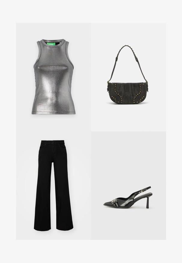 JJXX FOREST SHINE - Toppi - silver; Musta leveälahkeinen farkkupanta, jossa on rakenteellinen vyötärö, vyölenkit ja etutaskut. Sujuva rakenne klassisella muotoilulla.; Musta patenttinen nahkainen slingback-kengät, joissa on terävä nenä, nilkkahihnat hopeisilla soljilla ja varusteilla sekä hoikka korko.; Mustapintainen mokkabag, jossa on kaareva muotoilu ja niittikoristeet sekä teksturoitu pinta. Säädettävä olkahihna, jossa on niittiyksityiskohtia reunoilla.