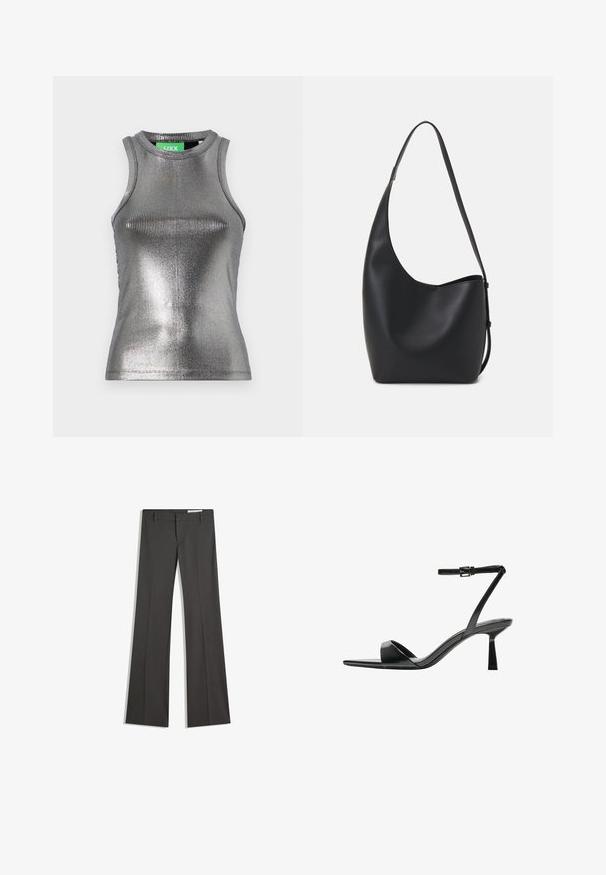JJXX FOREST SHINE - Felső - silver; Szürke, bővülő nadrág sima anyagból, lapos elejű, övakasztókkal, elegáns fazonban, tiszta vonalakkal.; Bershka Magas sarkú szandálok - black; Fekete bőr hobo táska sima textúrával, ívelt formával és egyetlen állítható pánttal; széles nyílás található a tetején.