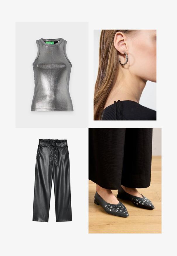 JJXX FOREST SHINE - Linne - silver; Svarta fusk-läder byxor med vida ben, elastisk och volangmidja, samt ett avtagbart bälte. Slät textur och minimal lyster.; Svarta läderballerinor med spetsig tå, prydda med metallöglor i olika storlekar, och med en låg kvadratisk klack. Slät textur på trägolvet.; Silverörhänge med polerad yta, med små detaljer i guld och rund form, bärs på loben.