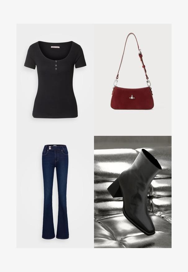 Melna ribota T-kreklā ar īsām piedurknēm un plašu apaļu apkakli. Priekšpusē ir trīs sudraba pogu akcenti. Mīksta tekstūra.; Tumši zili plati džinsi ar augstu jostasvietu, divām priekšējām kabatām un diviem pogu aizdariem. Izgatavoti no gludas tekstūras džinsa auduma.; Melnas potītes kurpes, izgatavotas no spīdīga materiāla, ar kvadrātveida purngalu un konusveida papēdi, novietotas uz spīdīga sudraba izšūta fona.; Sarkans zamšs plecu soma ar izliekta formu. Iezīmēta ar sudraba toņa akcentu un regulējamu siksnu ar metāla detaļām. Gluda tekstūra.
