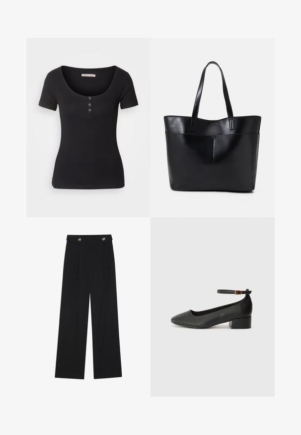 Black ribbed t-shirt with short sleeves and a wide scoop neckline. Features three silver button accents at the front. Soft texture.; Black wide-leg trousers with high waist, button details on waistband, and front pleats.; Black leather pump with a pointed toe and a low block heel. Features an ankle strap with a gold-tone buckle. Smooth texture.; Black leather tote bag with two long handles, a smooth texture, and a structured shape. Features a front pocket for additional storage.