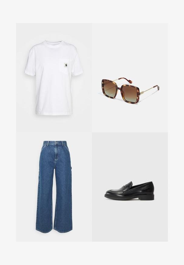 T-shirt bianco in cotone con maniche corte, collo rotondo e taschino sinistro con etichetta a logo in bianco e nero.; Pantaloni in denim blu a gamba larga con vita alta, cuciture a contrasto e tasche laterali, caratterizzati da un classico design a cinque tasche e orli grezzi.; Mocassini in pelle nera con punta arrotondata, dettagli cuciti e tacco basso a blocco. Texture liscia senza motivi o accenti visibili.; Occhiali da sole tortoise brown con forma quadrata, lenti sfumate e dettagli in metallo dorato sulle aste e sui templi. Superficie texturizzata.