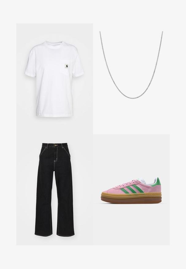 Balta kokvilnas T-krekli ar īsām piedurknēm, apaļu kakla izgriezumu un kreisajā krūtīs kabatu, kurā ir melnbalts logotipa birka.; Melnas platajās biksēs, kas izgatavotas no denima, ar kontrastējošas baltas šuves un priekšējo pogu aizdari, kā arī divām slīpajām priekšējām kabatām.; Rozā zamša kedas ar zaļām svītrām, baltām akcentiem un brūnu gumijas zoli. Izstrādātas ar teksturētu audumu un logotipa detaļām sānos.; Sudraba ķēdes kaklarota ar gludu, apaļu, plakanu posmu dizainu. Ir ar spīguļojošu apdari un garums ir aptuveni 20 collas.
