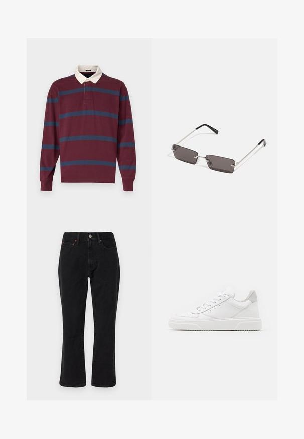 Burgundski polo s dolgimi rokavi z mornarsko modrimi in svetlo modrimi črtami, ki ima kontrastni beli ovratnik in gumbasto zapiranje z dvema gumboma.; Črna in siva karirasta jakna s ovratnikom, sprednjimi gumbi in dvema žepoma na prsih. Narejena je iz teksturirane tkanine.; Črne kavbojke iz džinsa z ravnim krojem, petimi žepi in kovinskimi dodatki s bakrenimi akcenti. Gladka tekstura in srednji pas.; Bele usnjene športne copate z gladkim zaključkom, okroglo konico, ravnimi vezalkami in teksturiranim podplatom. Sivi semiš detajl na peti.; Očala za sonce s pravokotnimi, temno sivimi lečami, srebrnimi kovinskimi okvirji in črnimi plastičnimi konicami na ročajih. Lahka zasnova z nosnimi blazinicami.