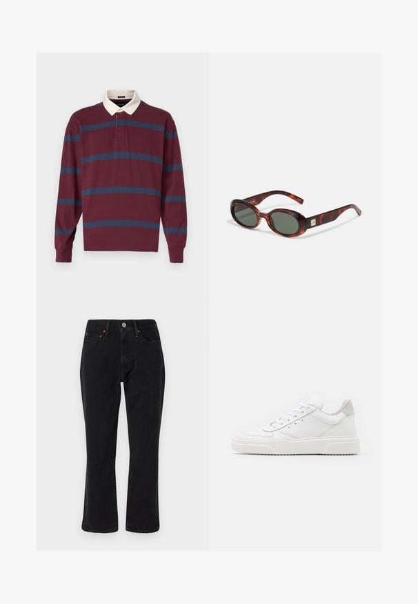Burgundská polo košile s dlouhým rukávem s námořnickými a světle modrými pruhy, s kontrastním bílým límcem a zapínáním na dva knoflíky.; Černé džíny z denimu s rovnými nohavicemi, pěti kapsami a kovovými doplňky s měděnými akcenty. Hladká textura a střední pas.; Bílé kožené tenisky s hladkým povrchem, zaoblenou špičkou, plochými tkaničkami a texturovanou podrážkou. Šedý semišový detail na patě.; Sluneční brýle ve stylu želvoviny s tmavými skly, oválným tvarem a širokými obrubami. Na boční straně je malý zlatý akcent. Hladký plastový materiál.
