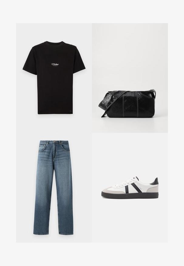 Schwarzes Baumwoll-T-Shirt mit kurzen Ärmeln, versehen mit einem kleinen weißen "JJ Studios"-Logo auf der linken Brustseite. Einfaches Design mit Rundhalsausschnitt.; Gerade geschnittene blaue Jeans aus Denim mit gewaschenem Finish, ausgestattet mit einem Fünf-Taschen-Design, Metallknopf und Gürtelschlaufen. Robustes, mittelschweres Material.; Weiße Sneaker mit schwarz- und grau-aczenten, ausgestattet mit einer strukturierten grauen Zehenkappe, schwarzer Gummi-Sohle und flachen weißen Schnürsenkeln. Sauberes Design, minimalistische Stil.; Schwarze Leder Schultertasche mit Reißverschluss, ausgestattet mit einer strukturierten Oberfläche, weißen Nähten und einem Tragegurt mit silbernen Ösen.