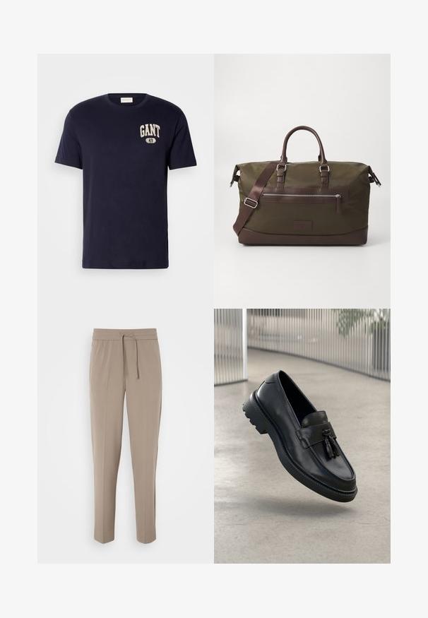 Navy zila kokvilnas T-kreklu ar īsām piedurknēm, apaļu kakla izgriezumu un ar druku "GANT 49" logotipu uz krūškurvja krēmkrāsā.; Gaiši pelēkas bikses ar elastīgu jostasvietu, regulējamu auklu un sašaurinātām kājām. Audums izskatās gluds ar vieglu spīdumu.; Melnas ādas loaferi ar gludu apdari, dekoratīvu bārkstīm, biezu gumijas zolīti un izšūtām detaļām. Viegls un elegants dizains.; Olīvu zaļš auduma ceļojumu soma ar brūniem ādas akcentiem, piedāvājot divas rokas, noņemamu plecu siksnu un priekšējo rāvējslēdzēja kabatu.