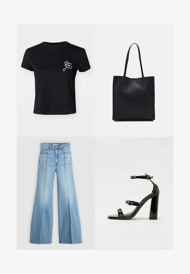 Schwarzes Baumwoll-T-Shirt mit kurzen Ärmeln, das auf der linken Brustseite einen weißen Logo-Text "Calvin Klein Jeans" zeigt. Rundhalsausschnitt, lässige Passform.; Hellblaue, hoch geschnittene Jeans mit weitem Bein, Front- und Gesäßtaschen, Gürtelschlaufen und vertikalen Nahtdetails auf der Vorderseite.; Schwarze patentierte Sandalen mit Absatz, quadratischer Spitze, Knöchelriemen und silbernen Schnallen. Mit einem stabilen Blockabsatz für mehr Stabilität.; Schwarze Laptoptasche aus Leder mit glatter Textur, rechteckiger Form und zwei langen Griffen. Keine sichtbaren Beschläge oder Verzierungen.