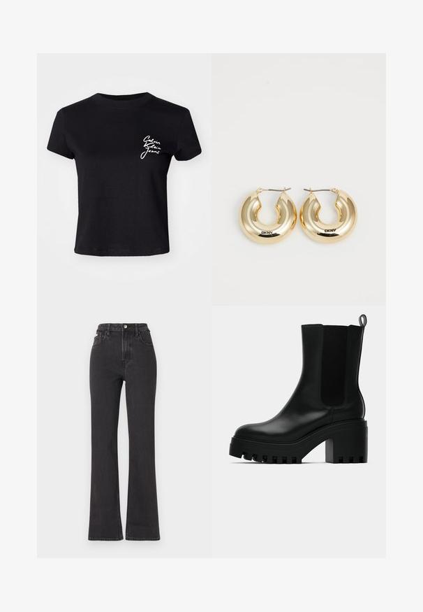 Sort bomulds t-shirt med korte ærmer, der har en hvid logo-tekst "Calvin Klein Jeans" på venstre brystområde. Rund halsudskæring, afslappet pasform.; Sorte højtaljede flagrende jeans lavet af denim, med knaplukning, bæltestropper og sidelommer. Glat tekstur med minimal falming.; Sort læder ankelstøvle med rund tå, kraftig platformssål og mesh-sidede accenter. Har en trækflig for nem påtagning.; Guld hoop øreringe med et glat, afrundet design og en blank finish, med en spænde til fastgørelse. Graveret med "DKNY."