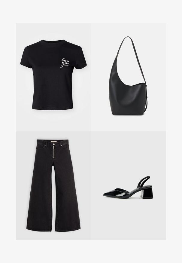 Sort bomulds t-shirt med korte ærmer, der har en hvid logo-tekst "Calvin Klein Jeans" på venstre brystområde. Rund halsudskæring, afslappet pasform.; Vide ben jeans i sort denim med lynlås foran, fem lomme-design og subtile stikninger. Glat tekstur og afslappet stil.; Sorte patentlæder slingback hæle med spids tå og en geometrisk blok hæl. Har et elegant, minimalistisk design og en glat tekstur.; Sort læder hobo taske med en glat overflade, buet form og en enkelt justerbar rem; har en bred åbning øverst.