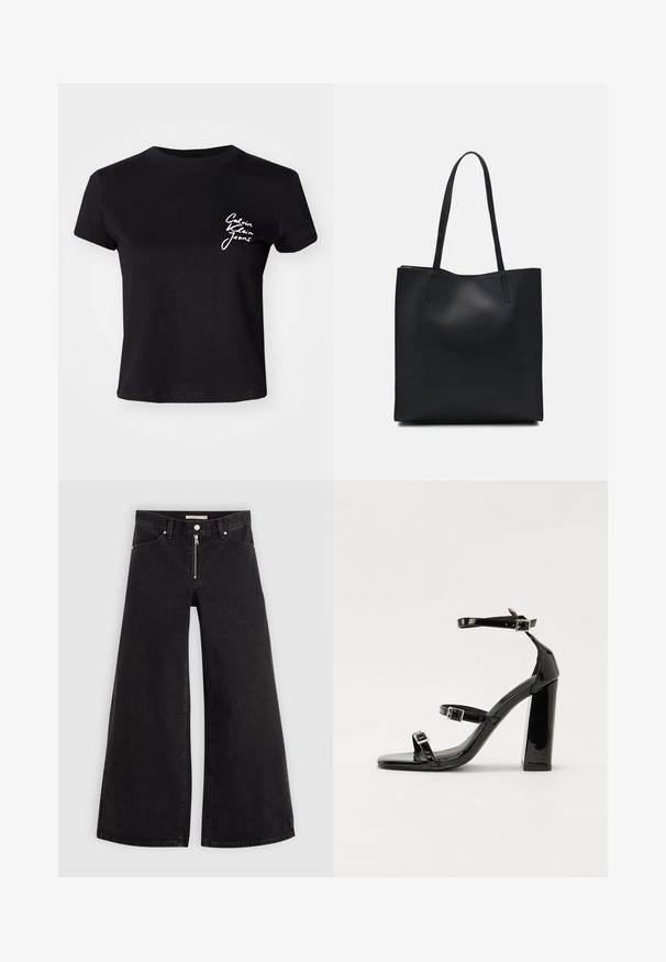Melna kokvilnas īsām piedurknēm t-krekls ar baltu logo tekstu "Calvin Klein Jeans" kreisajā krūšu daļā. Apaļš kakla izgriezums, ikdienišķs piegriezums.; Platas kājas džinsi melnā džinsa audumā ar rāvējslēdzēju priekšā, piecu kabatu dizains un smalkas šuvju detaļas. Gluda tekstūra un ikdienišķs stils.; Melnas lakotas augstpapēžu čības ar kvadrāta purngalu, potīšu siksniņām un sudraba sprādzēm. Aprīkotas ar masīvu bloku papēdi stabilitātei.; Melnas ādas somiņa ar gludu tekstūru, taisnstūra formu un divām garām rokturiem. Nav redzamu aparatūras vai rotājumu.