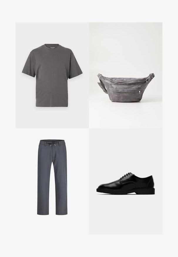 Hallitatud lühikeste varrukatega hall T-särk, mis on valmistatud pehmest puuvilla segust. Sellel on ümar kaelus ja lihtne disain ilma mustrite või aktsentideta.; Hallid hallid elastse vööga püksid, millel on nööri tõmbamine. Sirge jala disain, valmistatud siledast kangast, millel on minimaalne õmblus ja nähtavat riistvara pole.; Mustad musta nahast kleitking, millel on sile viimistlus, ümmargune varvas, nööriga disain ja tagasihoidlik kummist tald haardeks.; Hallikate nahast vöö kott, millel on ümar kuju, kaks tõmblukuga taskut ning reguleeritav rihm. Varustatud metallist detailide aktsentidega.