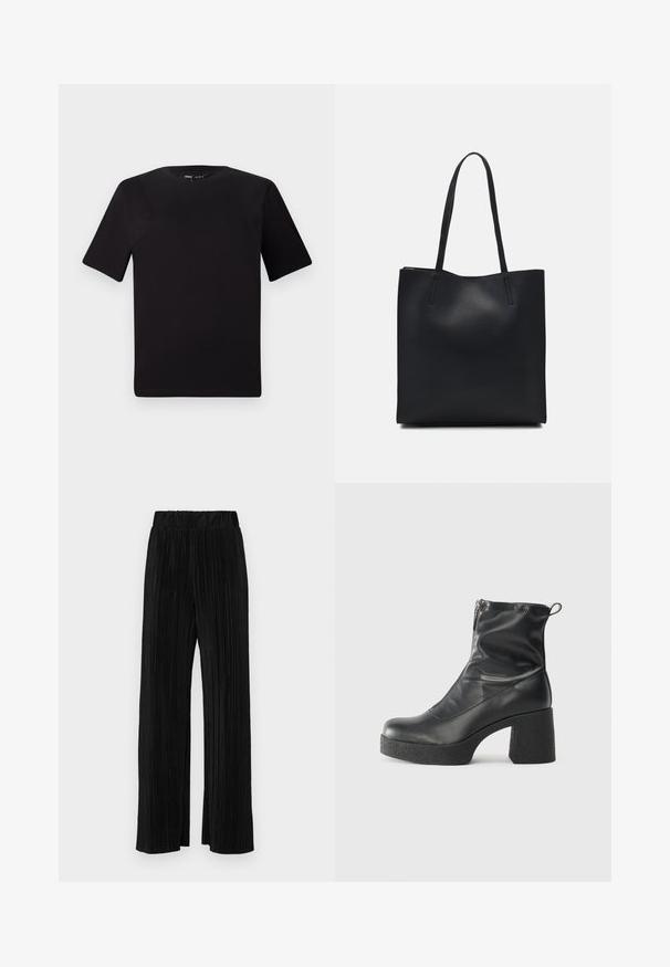 Melnas īsām piedurknēm T-krekls ar apaļu kakla izgriezumu, izgatavots no mīksta kokvilnas auduma. Vienkāršs dizains, bez redzamām logo vai rakstiem.; Melni plīšu bikses ar elastīgu jostu. Tām ir platākas kājas un gluda, teksturēta auduma ar vertikālām svītrām.; Melni potītes zābaki, kas izgatavoti no gludas ādas, ar sānu rāvējslēdzēju, masīvu strukturētu papēdi un noapaļotu purngalu.; Melnas ādas somiņa ar gludu tekstūru, taisnstūra formu un divām garām rokturiem. Nav redzamu aparatūras vai rotājumu.