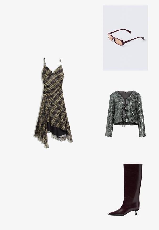 Crop top with long sleeves, made of black and silver sequined fabric. Features a V-neck and front tie closure with ribbon details.; Black and yellow plaid dress with spaghetti straps, a V-neck, and an asymmetrical hem, featuring a sheer overlay and gathered texture.; Knee-high burgundy leather boot with a sleek, textured finish, pointed toe, and a thin, stacked heel for added elevation.; Burgundy sunglasses with rectangular frames, gradient lenses, and sleek arms. The material has a smooth, glossy finish.; Brown leather bag, curved shape, single handle, zip closure, textured surface with slight sheen. Compact and minimalistic design.