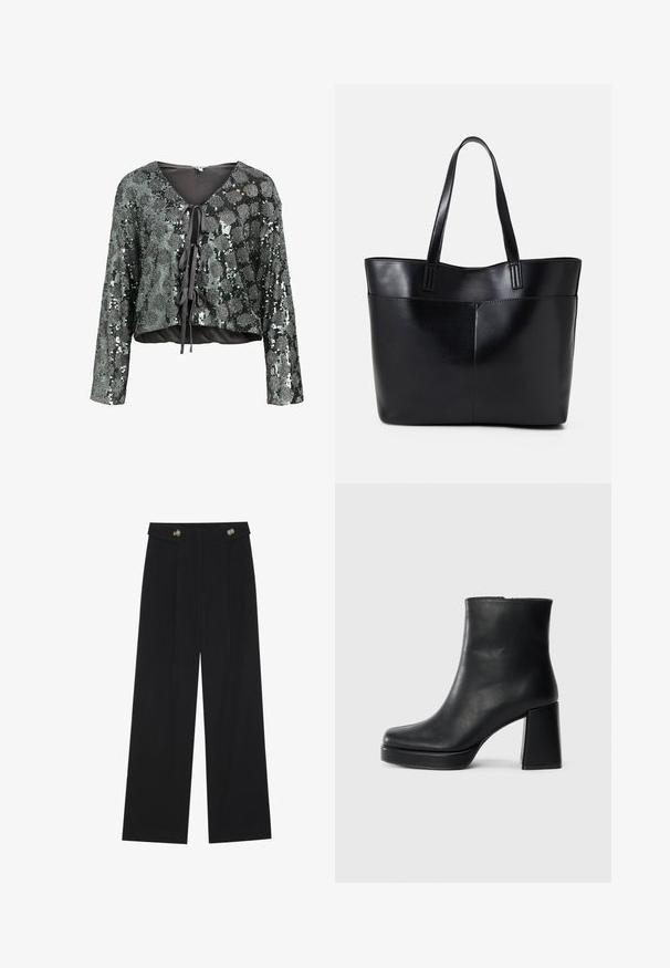 Bauchfreies Oberteil mit langen Ärmeln, aus schwarzem und silbernem Paillettenstoff gefertigt. Verfügt über einen V-Ausschnitt und eine vordere Bindeschleife mit Rüschendetails.; Schwarze weite Hosen mit hoher Taille, Knopfdetails am Bund und vorderen Falten.; Schwarze Leder-Stiefelette mit Blockabsatz und Plattformsohle, seitlich auf einem schlichten weißen Hintergrund betrachtet.; Schwarze Leder-Shopper-Tasche mit zwei langen Griffen, einer glatten Textur und einer strukturierten Form. Verfügt über eine Vordertasche für zusätzlichen Stauraum.