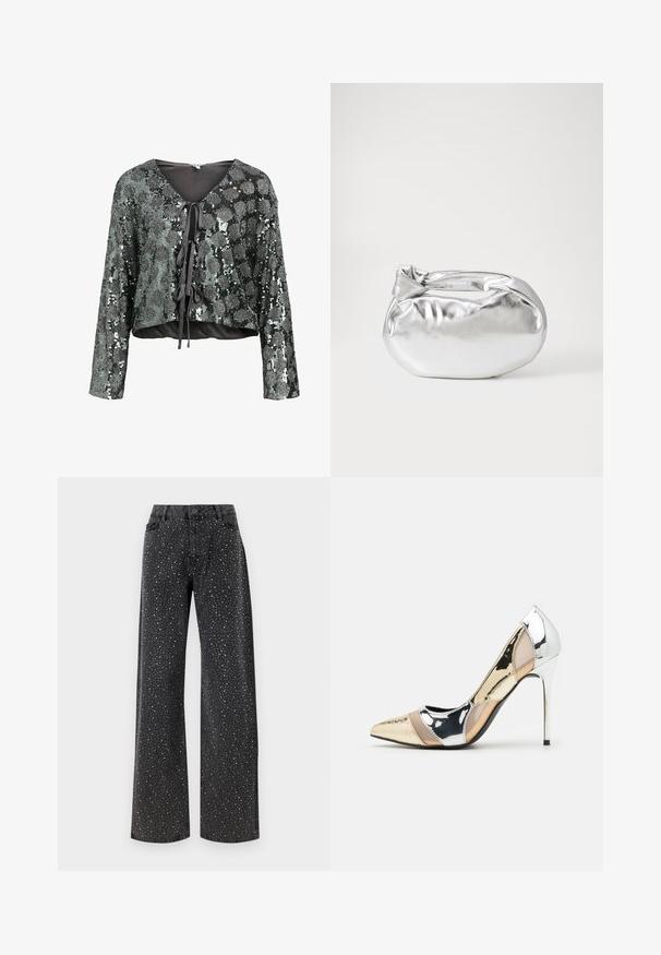 Kratka majica dugih rukava, napravljena od crnog i srebrnog šljokičastog materijala. Ima V-izrez i prednje vezivanje s detaljima od trake.; Noisy May NMJANNEL LOOSE - Traperice opuštenog kroja - black denim; Cipele s visokom potpeticom i špicastim vrhom u srebrnoj, zlatnoj i nude boji. Sjajan finiš s izrezbarenim dizajnom, s potpeticom u obliku stiletto.; Srebrna metalik torbica s mekim, zaobljenim oblikom i čvorastim zatvaranjem na vrhu. Izrađena od glatke sintetičke kože.; Srebrne okrugle naušnice s minimalističkim dizajnom. Kružni oblik, glatka tekstura i tanak profil. Lagane s poliranim završetkom.