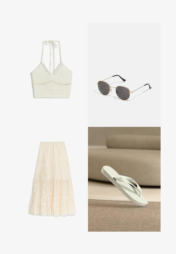 Bílý háčkovaný crop top s výstřihem do V a nastavitelnými zavazovacími ramínky. Obsahuje vodorovné pruhy a malé výřezové detaily po celém povrchu.; Dlouhá krajková sukně v jemné slonovinové barvě, s vícestupňovým designem a krajkovým lemem, elastickým pasem a květinovým krajkovým vzorem po celé ploše.; Světlé zelené gumové žabky s texturovanou stélkou a tenkými pásky, vyvýšené nad jemným, neutrálně tónovaným pozadím.; Kulaté sluneční brýle s tmavými skly, tenkým zlatým kovovým rámem, plastovými konci stranic a nastavovacími nosními polštářky. Minimalistický design s klasickým vzhledem.
