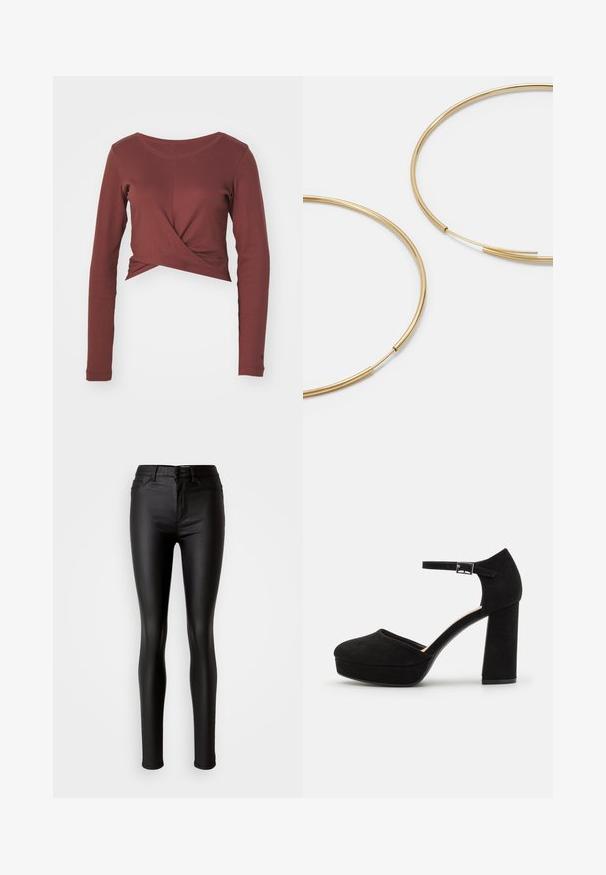 Burgundi pikkade varrukatega lühike topp ümmarguse kaelusega ja keerdumise detailiga ees. Valmistatud pehmest, elastse kangaga, millel on sile tekstuur.; Musta kunstnahast kitsad teksad, millel on sile tekstuur, kõrge vöökoht, nööbiga sulgemine ja traditsiooniline viie tasku disain.; Mustad nubukist platvormi kõrged kontsad, millel on paks plokknina, ümmargune varvas ja pahkluu rihm, mis on kinnitatud metallist sanga abil. Ühtlane sile tekstuur.; Kulla värvi nõelad, õhukesed ja ümmargused, millel on sile metallist pind ja ilma kaunistuste või mustriteta.