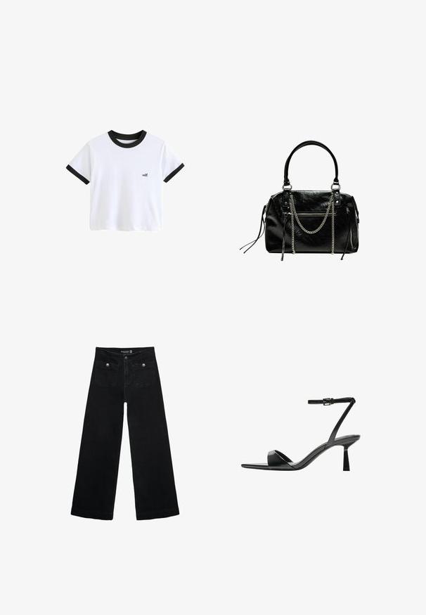 Valkoinen lyhythihainen t-paita, jossa on musta ribbauskaulus ja hihansuut. Etupuolella on pieni painettu tekstitunnus "self.".; Mustat leveälahkeiset farkut korkean vyötärön kanssa, joissa on kaksi etutaskua ja metalliset nappikoristeet. Kangas on sileä.; Bershka Korolliset sandaalit - black; Bershka WITH CHAIN - Käsilaukku - black