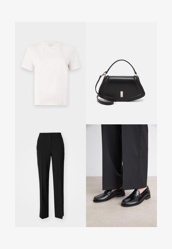 Kortermet kremfarget t-skjorte laget av bomull med et subtilt monogrammønster over hele. Har rund hals og avslappet passform.; Sorte skreddersydde bukser med rett silhuett, med en glatt tekstur og klare pressede bretter foran. Ingen synlig maskinvare.; Sorte skinnloafere med en glatt overflate, sydd detaljer rundt tåen, og en lav gummisåle. Kombinert med vide svarte bukser.; Sort lærveske med en strukturert design, som har en avkortet form, topphåndtak og detaljer i gull. Justerbar skulderstropp inkludert.
