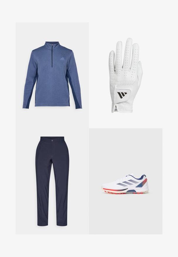 Modrý sportovní svetr s dlouhým rukávem, ribbovanou texturou, vysokým límcem, polovičním zipem a decentním logem na levé hrudi.; Námořnické modré chinos kalhoty vyrobené z lehké tkaniny, s knoflíkovým zapínáním v přední části, poutky na opasek a minimalistickým designem s drobným prošíváním.; Bílé sportovní boty s námořnickými pruhy, červenými a námořnickými geometrickými akcenty na patě a červenými kopačkami na podešvi, zobrazené z vnější strany.; Bílá kožená golfová rukavice s perforovanými prsty, texturovaným prošíváním a černým akcentním logem na zápěstí. Slim fit design pro lepší úchop.