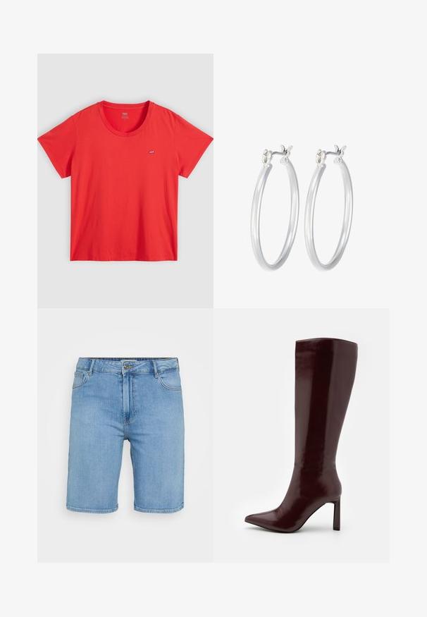 Czerwona bawełniana koszulka z okrągłym dekoltem, krótkimi rękawami oraz małą naszywką z logo Levi's na lewej piersi. Gładka tekstura, luźny krój.; Jasnoniebieska koszula dżinsowa z krótkim rękawem, z dwoma przednimi kieszeniami i ozdobiona małymi srebrnymi ćwiekami na całej powierzchni.; Jasnoniebieskie dżinsowe szorty o klasycznym kroju, z zapięciem na guzik z przodu, szlufkami na pasek oraz dwoma bocznymi kieszeniami. Gładka struktura i prosta końcówka.; Even&Odd - Kozaki; Srebrne kolczyki w formie kółek o gładkim, polerowanym wykończeniu. O okrągłym kształcie i pewnym zapięciu na klik. Lekka konstrukcja odpowiednia do codziennego noszenia.