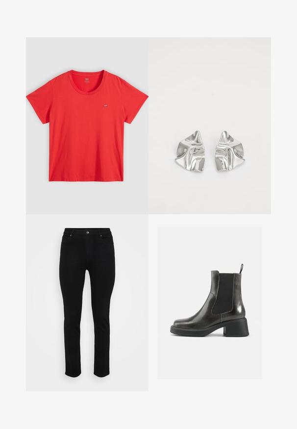 Červené bavlněné tričko s kulatým výstřihem, krátkými rukávy a malou nášivkou loga Levi's na levém prsu. Hladká textura, uvolněný střih.; Černé džíny z denimu s úzkým střihem, designem pěti kapes, předním zapínáním na knoflík a mírným strečovým efektem pro pohodlí. Hladký, plochý povrch s minimálním zdobením.; Černé kožené kotníkové boty s hladkým povrchem, elastickými bočními panely a masivním podpatkem. Obsahují poutko pro snadnější nazouvání.; Stříbrné kovové náušnice s vlnitým, sochařským designem s leštěným povrchem a nepravidelnými tvary, které zdůrazňují moderní estetiku.