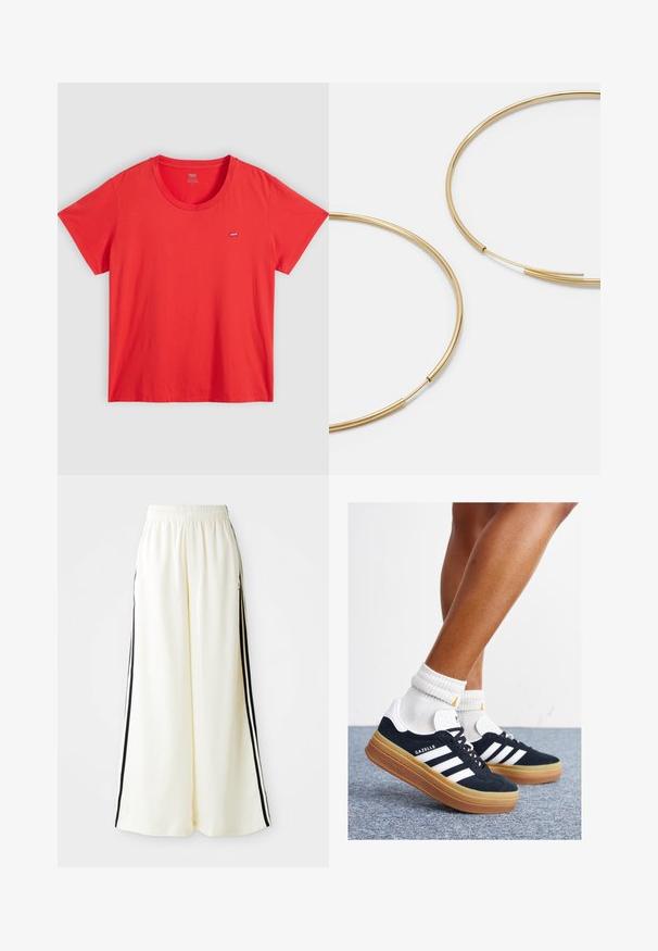 Punane puuvillane T-särk, millel on ümar kaelus, lühikesed varrukad ja väike Levi'si logo padi vasakul rinnal. Sile tekstuur, mugav lõige.; Valged laiad püksid, millel on elastne vöökoht ja mustad vertikaalsed triibud välisseintel.; Mustad seemisnahast tossud valgete triipude ja detailidega, ümarate varbassosadega, kummist välistallaga, paaritatud valgete soonikuliste meessokkidega.; Kulla värvi nõelad, õhukesed ja ümmargused, millel on sile metallist pind ja ilma kaunistuste või mustriteta.