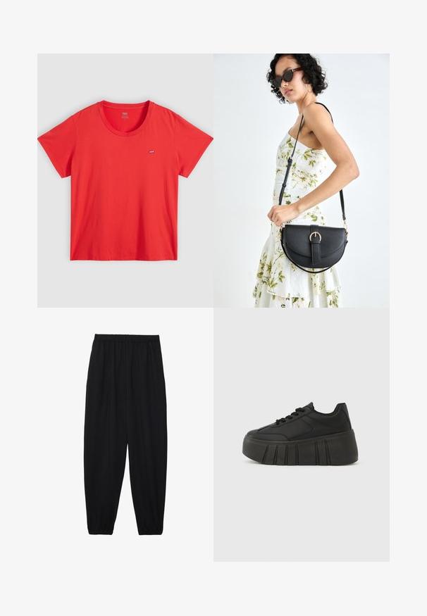 Punane puuvillane T-särk, millel on ümar kaelus, lühikesed varrukad ja väike Levi'si logo padi vasakul rinnal. Sile tekstuur, mugav lõige.; Mustad, kerge kangas püksid elastse vöökoha ja kokku volditud pahkluudega. Kanga pind on sile ja disain on lõdvestunud, kitsenev.; Mustad platvorm-tennised, millel on sile sünteetiline pealse osa, ümmargune varvas, nööritav disain ja paks, sooniline tald kõrguse lisamiseks.; Mustmust mustraha kõverate joontega, eemaldatava rihmaga ja kuldsete detailidega. Kotil on klapp, millel on pandladetail.