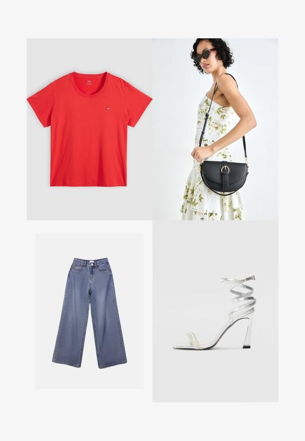 T-shirt de algodão vermelho com gola redonda, mangas curtas e um pequeno logótipo da Levi's no lado esquerdo do peito. Textura suave, corte descontraído.; Calças de ganga de perna larga numa lavagem azul clara, com uma cintura alta, bolsos frontais e fecho de botão com passadores para cinto.; Sandalha de salto alto prateada com um design de tira brilhante, apresentando um detalhe semelhante a uma pérola e uma tira de tornozelo espiralada para um ajuste seguro.; Bolsa de couro preta com forma curva, alça destacável e detalhes em dourado. A bolsa possui uma aba com detalhe de fivela.