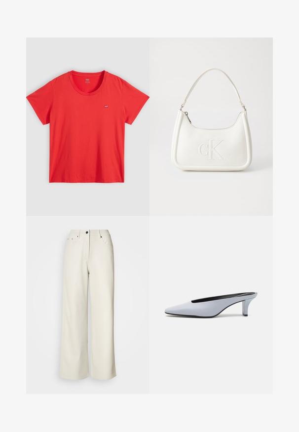 Rode katoenen T-shirt met een ronde hals, korte mouwen en een klein Levi's logo op de linkerborst. Soepele textuur, ontspannen pasvorm.; Crème wijde benen broek van gladde stof. Heeft een mid-rise taille, ritssluiting en twee voorzakken met zwarte hardware accenten.; Lichtblauwe patentleren mule met een spitse neus, een lage doorzichtige hak, en een strak ontwerp met een uitsparing bij de vamp.; Witte lederen handtas met een gebogen vorm, voorzien van een reliëf "CK" logo aan de voorkant en een enkele schouderriem. Ritsluiting aan de bovenkant.