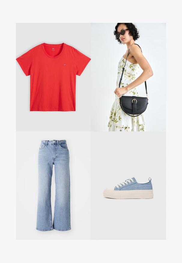 Rød bomull T-skjorte med rund hals, korte ermer og en liten Levi's logo-lapp på venstre bryst. Glatt tekstur, avslappet passform.; Lyseblå høyt liv vide jeans med front- og baklommer, knappelukking og subtile falminger på lårene og kanten.; Lys blå canvastøfler med en kremfarget gummitupp og yttersåle, med hvite snørebånd og en løfteløkke på hælen.; Svart lærveske med en buet form, avtagbar stropp og gullbeslag. Vesken har et klaff med spenne-detall.