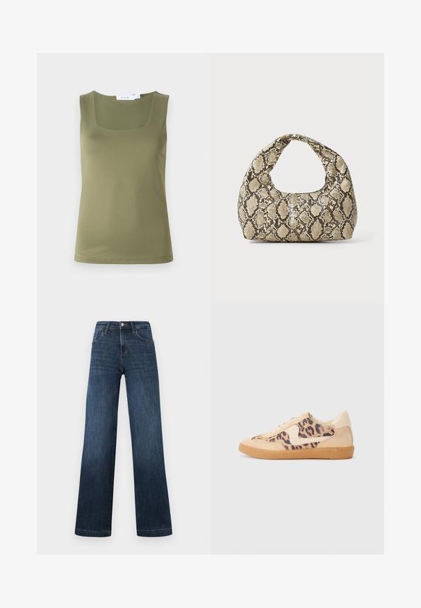 Top fără mâneci, de culoare verde olive, cu un decolteu pătrat, textură netedă și margini curate. Fără modele vizibile sau detalii metalice.; Jeans din denim albastru închis, cu un design cu picioare late, având cinci buzunare și o închidere cu buton în față. Textură netedă și detalii clasice de cusătură.; Tenisi cu imprimeu de leopard, cu partea superioară din suede bej, talpă din cauciuc maro și accente albe. Vârf rotund și design cu șireturi, cu un finisaj texturat.; Geantă cu imprimeu de șarpe, având un mâner curbat. Fabricată din materiale texturate, bej și maronii, cu un model distinctiv în formă de diamant.