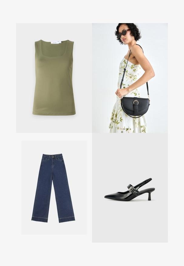 Olive green sleeveless top with a square neckline, smooth texture, and clean edges. No visible patterns or hardware details.; Wide-leg jeans in dark blue denim. Features five pockets, belt loops, and a raw hem at the bottom with visible stitching details.; Black patent leather slingback heels with a pointed toe and a small block heel, featuring a silver buckle accent on the strap.; Black leather handbag with a curved shape, detachable strap, and gold hardware. The bag features a flap with a buckle detail.