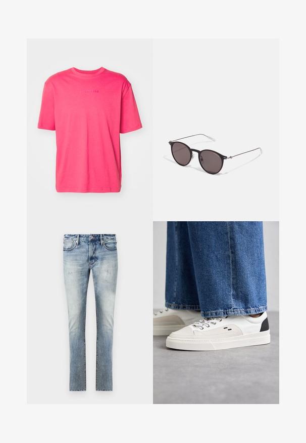 Trumpas rankovės, apvaliu kaklu marškinėliai ryškiai rožinės spalvos medvilnės su įspaustu prekės ženklu centre, pasižymintys laisvu siluetu ir lygia tekstūra.; Šviesiai mėlyni džinsai su nuvalytu paviršiumi, aptemptas fasonas, penki kišenės ir kontrastingos siūlės.; Balti ir balti sportbačiai su lygaus odos paviršiumi, tekstūruotais akcentais ir masyviu baltu padu. Turi klasiką primenančią raištelių užsegimo sistemą.; Juodos apvalios saulės akinių su tamsiais lęšiais ir plonomis metalinėmis šakomis. Įtraukti skaidrūs šventyklų galai ir sidabriniai akcentai vyrio srityje. Minimalistinis dizainas.