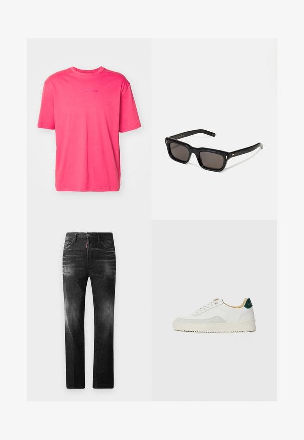 Kratke rokave, majica s krovim ovratnikom iz svetlo roza bombaža z embosiranim logotipom blagovne znamke na sredini, ki ima sproščen kroj in gladko teksturo.; Črne jeans hlače s ravnim krojem. Imajo zbledela mesta, manjše obrabe, klasičen petnajstni žepni dizajn in gumbasto zapiranje.; Bela trenerka z zaključki iz semiša, okroglo konico, ravne vezalke in kremna gumijasta podplata. Ima zeleno blagovno znamko na peti.; Črne pravokotne sončna očala s temnimi lečami, debelim plastičnim okvirjem, zlatimi detajli na templjih in izgravirano blagovno znamko na ročaju.