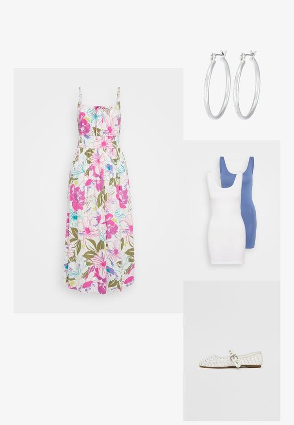 Dve priliehavé tank šaty v bielej a modrej farbe, vyrobené z hladkej bavlnenej tkaniny, so širokými ramienkami a okrúhlym výstrihom.; Kvetinové maxi šaty s tenkými ramienkami, zdobené jasne ružovými, modrými a zelenými kvetmi na bielom pozadí, so zberaným pásom a voľne padajúcou tkaninou.; Biele ploché topánky s špicatou špičkou, zdobené striebornými cvočkami, majú pracku cez priehlavok a svetlohnedú podrážku.; Žltý tkaný clutch peňaženka s preklápacím dizajnom, odnímateľným zápästným remienkom a zlatým reťazovým doplnkom. Hladký povrch a obdĺžnikový tvar.; Strieborné kruhové náušnice s hladkým, lesklým povrchom. Kolový tvar a bezpečné klikanie na uzatváranie. Ľahký dizajn vhodný na každodenné nosenie.