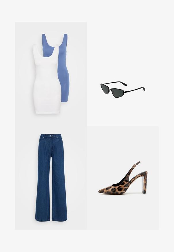 Kaks sobivat tank-kleiti valges ja sinises, valmistatud siledast puuvillakangast, laiate õlavarredega ja ümmarguste kaelustega.; Hallise jalgadega sinised denim püksid kõrge vöökohaga, ees nupuga ja tõmbluku sulguri ning ees ja taga taskutega, lihtsa tausta ees.; Leopardimustriga saadaval sanga pump kõrge kontsaga, millel on terav varvas ja läbipaistev plokktald. Valmistatud läikivast materjalist, millel on sile tekstuur.; Mustade metallik prillid nurgeliste raamidega ja tumedate objektiividega. Omavad õhukesi sirgeid käsi ja nina padjakesi, mis tagavad kindla istuvuse.