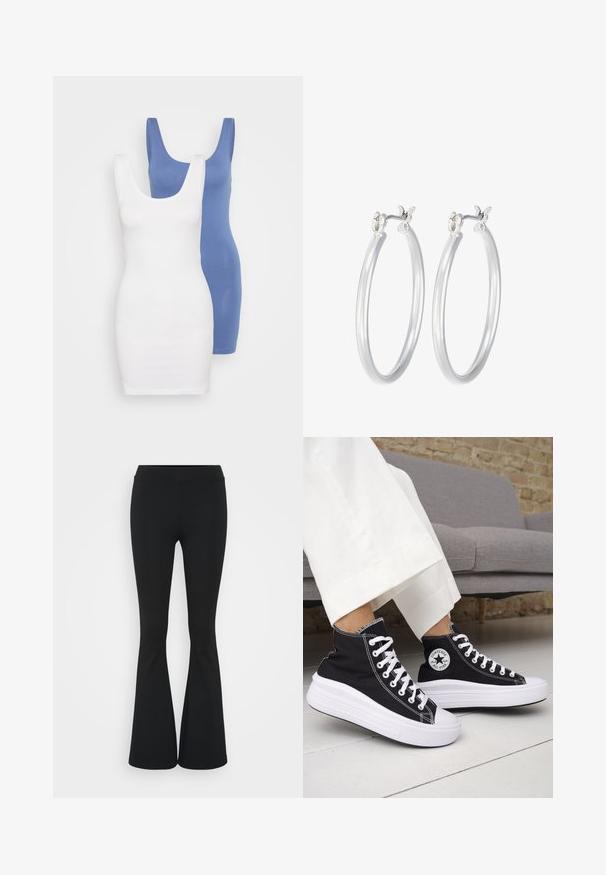 Kaksi istuvaa tank-tyylin mekkoa valkoisena ja sinisenä, valmistettu sileästä puuvillakankaasta, jossa on leveät olkaimet ja pyöreä pääntie.; Mustat leveät housut, jotka on valmistettu joustavasta kankaasta, ja joissa on korkea vyötärö sekä sileä pinta. Housut levenevät polven kohdalla.; Mustat korkeavartiset tennarit, joissa valkoiset kumipohjat ja nauhat. Koristettu pyöreällä logotarralla ja valkoisilla kontrastisaumoilla. Materiaali on canvas.; Hope-silver rengas, joissa on sileä ja kiillotettu pinta. Pyöreä muoto ja turvallinen napsautettava lukitus. Kevyt muotoilu sopii päivittäiseen käyttöön.