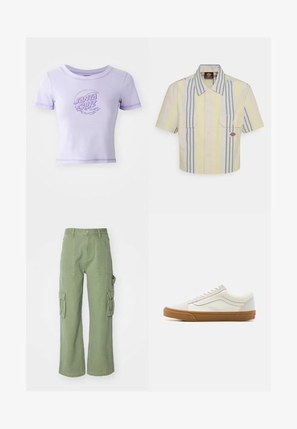 Violetit istuvat T-paidat lyhyillä hihoilla, pyöreällä kaula-aukolla ja kontrastivärillä ommelluilla saumoilla. Edessä on "SANTA CRUZ" -grafiikkasuunnittelu.; Lyhyet hihat, vaaleankeltainen lyhythihainen paita, jossa on pystysuorat vihreät ja pastelliväriset raidat. Ominaisuuksiin kuuluu kaksi rintataskua ja logo-pleksi vasemmassa taskussa.; Vihreät puuvillaiset cargo-housut, joissa on leveä lahjesuunnittelu, kahdella suurella sivutaskulla ja nappikiinnitys vyötäröllä. Rakennekangas.; Valkoinen kangaskengät matalalla varrella, jossa on kumipohja, pyöreä kärki, nauhakiinnitys ja sivuilla nahkasaumadetail.