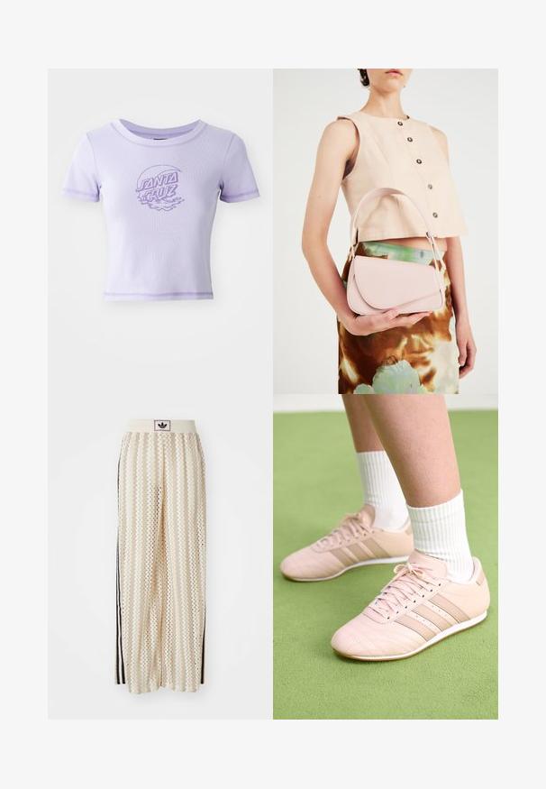 Fialová priliehavá tričko s krátkymi rukávmi, okrúhlym výstrihom a kontrastným šitím. Má prednú grafiku "SANTA CRUZ".; Béžové nohavice s širokými nohavicami a zigzagovými vzormi, s čiernym logom na páse a bočnými čiernymi pruhmi. Ľahká, textúrovaná látka.; Svetloružové športové topánky s diagonálnym šitím, bielymi podrážkami a tromi bočnými pruhmi. Nosené s rebrovanými bielymi ponožkami na zelenej ploche.; Ružová kožená kabelka s zakriveným klapkovým uzáverom, jedným ramenným popruhom a čistými líniami. Kabelka má hladkú textúru a minimalistický dizajn.