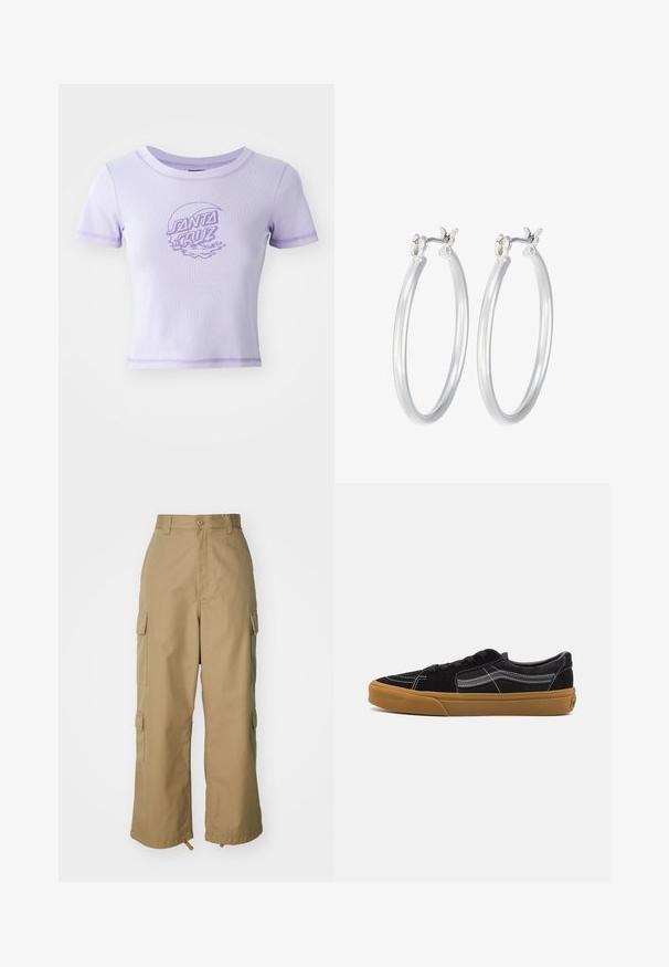 Lilla tætsiddende T-shirt med korte ærmer, rund halsudskæring og kontrastsyet. Har et "SANTA CRUZ" grafisk design foran.; Beige cargo bukser med høj talje, brede ben og fire store sidelommer. Fremstillet af slidstærkt stof med en glat tekstur og minimal detaljering.; Sorte ruskindssneakers med hvid syning og signatur sidelængde, med en tan gummisål og lavtopdesign. Snøret med sorte snørebånd.; Sølv hoop øreringe med en glat, poleret overflade. Rund form og sikker klik-lukning. Letvægtsdesign, der er velegnet til hverdagsbrug.