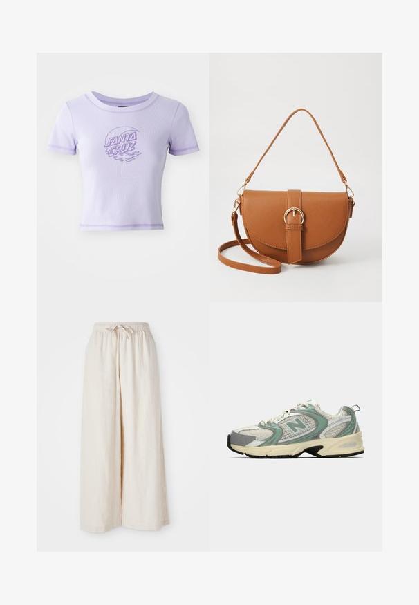 Lilla tætsiddende T-shirt med korte ærmer, rund halsudskæring og kontrastsyet. Har et "SANTA CRUZ" grafisk design foran.; Bredde ben, flødefarvede bukser med elastisk talje og snor. Glat, let linnedstof uden synlige mønstre eller hardware.; Hvide og lysegrønne New Balance træningssko i mesh-stof, med beige sål og sort dæksål, vist fra siden på en ensfarvet baggrund.; Brun læder crossbody taske med en buet form, guldfarvet hardware og en spændeaccent. Har en aftagelig skulderrem.