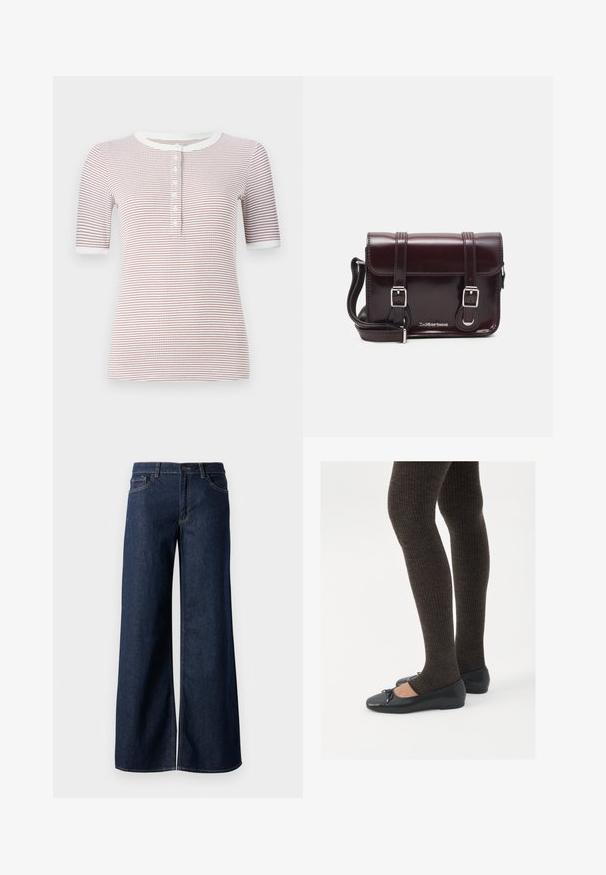 Röthete lühikeste varrukatega särk ümmarguse kaelusega, millel on nupud ees ja pehme tekstuur valge ja burgundi värviga.; Laiad teksad tumesinises denimis. Omab kontrastõmblusi, viit taskut ja nupukinnitust vööl. Sile tekstuur.; Mustad mustad kingad väikese teksaga varvaste juures, koos tumedate pruunide ribakangastega. Kingadel on sile tekstuur ja madal profiil.; Burgundi värvi patendiga nahast risti koti, millel on ristkülikuline kuju, kaks rihma, hõbedased detailid ja klapi sulgur.