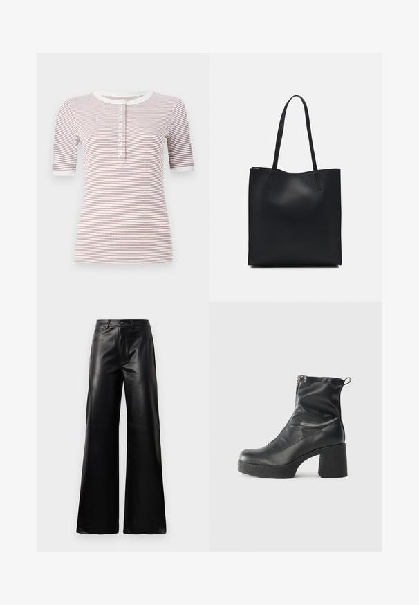 Cămașă cu mânecă scurtă, cu dungi, având un guler rotund, cu butoane pe față și o textură moale în culorile alb și vin roșu.; Pantaloni negri cu talie înaltă, largi, din piele sintetică, cu nasture frontal, închidere cu fermoar, bucle pentru centură și buzunare laterale pe fundal alb.; Bocanci negri de glezna din piele netedă, cu fermoar lateral, toc texturat și masiv, și design cu vârf rotund.; Geantă tote neagră din piele, cu textură netedă, formă rectangulară și două mânere lungi. Fără hardware vizibil sau ornamente.