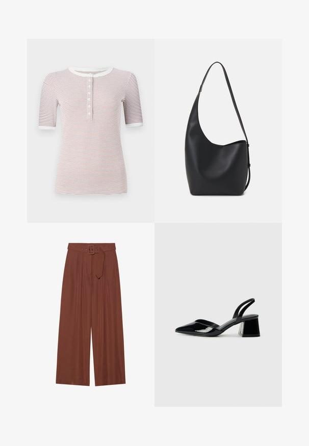 Stripet kortermet skjorte med rund hals, med knapper nedover foran og en myk tekstur i hvite og maroon farger.; Bredde bukser i brunt stoff, med belte med firkantet spenne, plisserte design og myk tekstur.; Svarte patentlær slingback hæler med spiss tå og geometrisk blokk hæl. Har et stilrent, minimalistisk design og jevn tekstur.; Svart lær hobo-veske med glatt tekstur, buet form og enkelt justerbart stropp; har en bred åpning på toppen.
